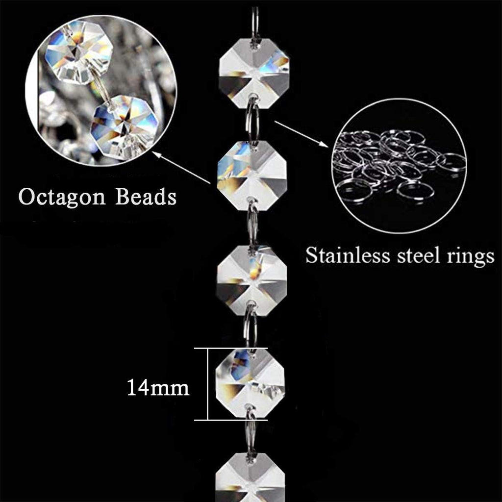 33ft K9 Glass Crystal Garland Strands - Hanging Chandelier Gem Bead Chain - 14mm Clear Octagon Prism Diamond String