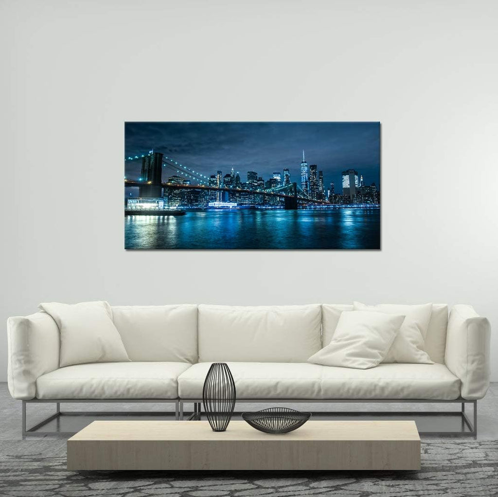 Blue New York City Canvas Wall Art Print Cityscape Brooklyn Bridge Picture Framed Wall Decor NYC Skyline Painting