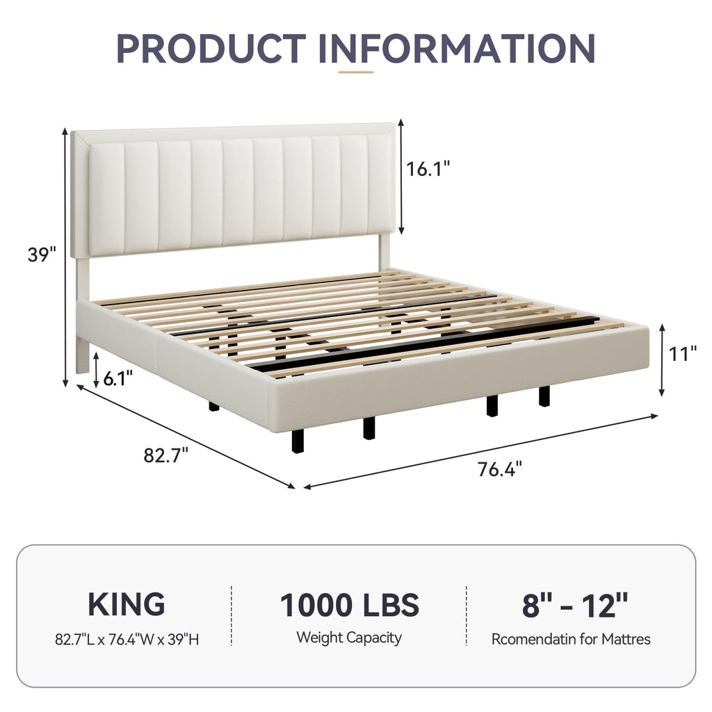 King Size Floating Bed Frame with LED Lights, Upholstered Platform Bed with Headboard, 11 in Storage Clearance, Solid