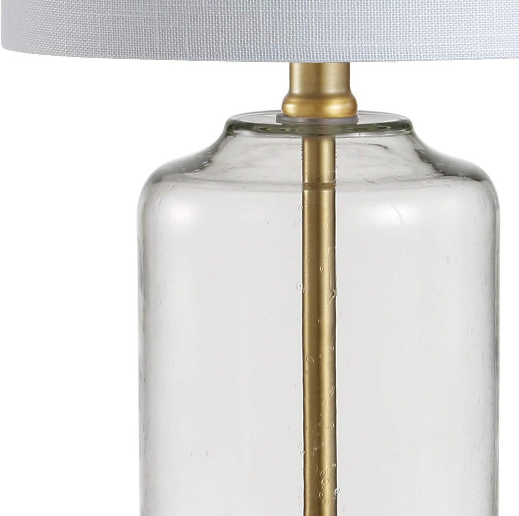 19.5" Brass Gold and Clear Glass Table Lamp, Glam Transitional Bedside Lamp Nightstand, White Linen Drum Shade