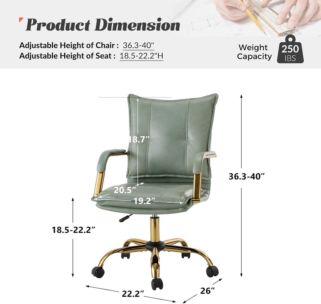 Faux Leather Home Office Desk Chair, Adjustable Swivel Computer Chair with Golden Legs and Arms, Comfy Upholstered