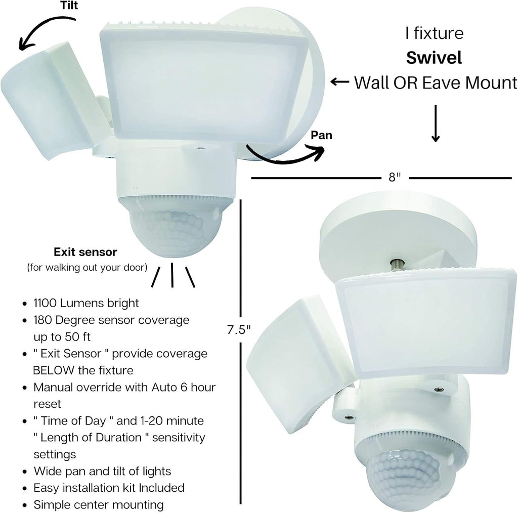 LED Outdoor Motion Sensor Security Floodlight - 1100 Lumens, 180° Detection, Weatherproof Design, Versatile Eave or