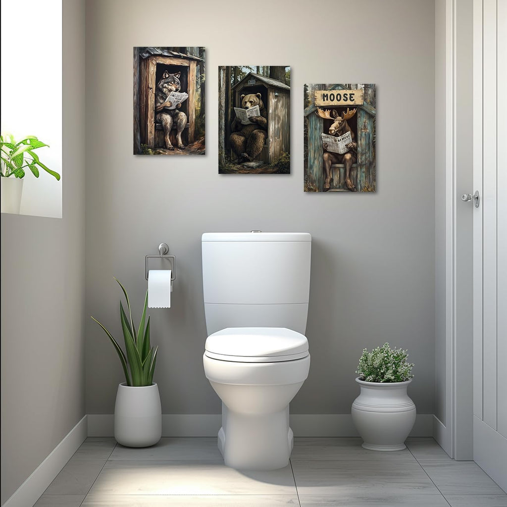 Funny Bathroom Wall Art Forest Wildlife Poster 3 Panel Wolf Bear Moose on Outhouse Toilet Canvas Print Funny Animals