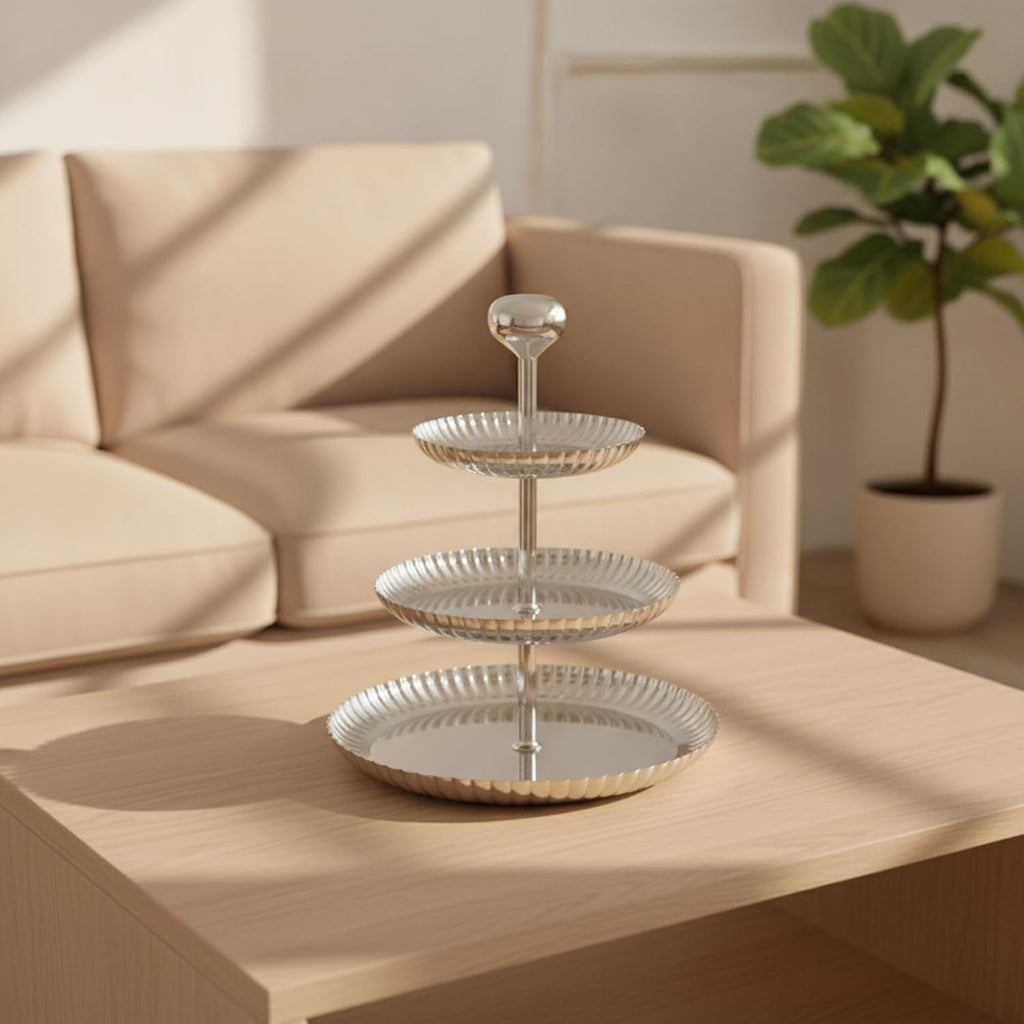 3 Tier Serving Tray Silver Tiered Serving Stand with Handle Mirrored Tiered Tray with Handle for Party Hosts, Pastry