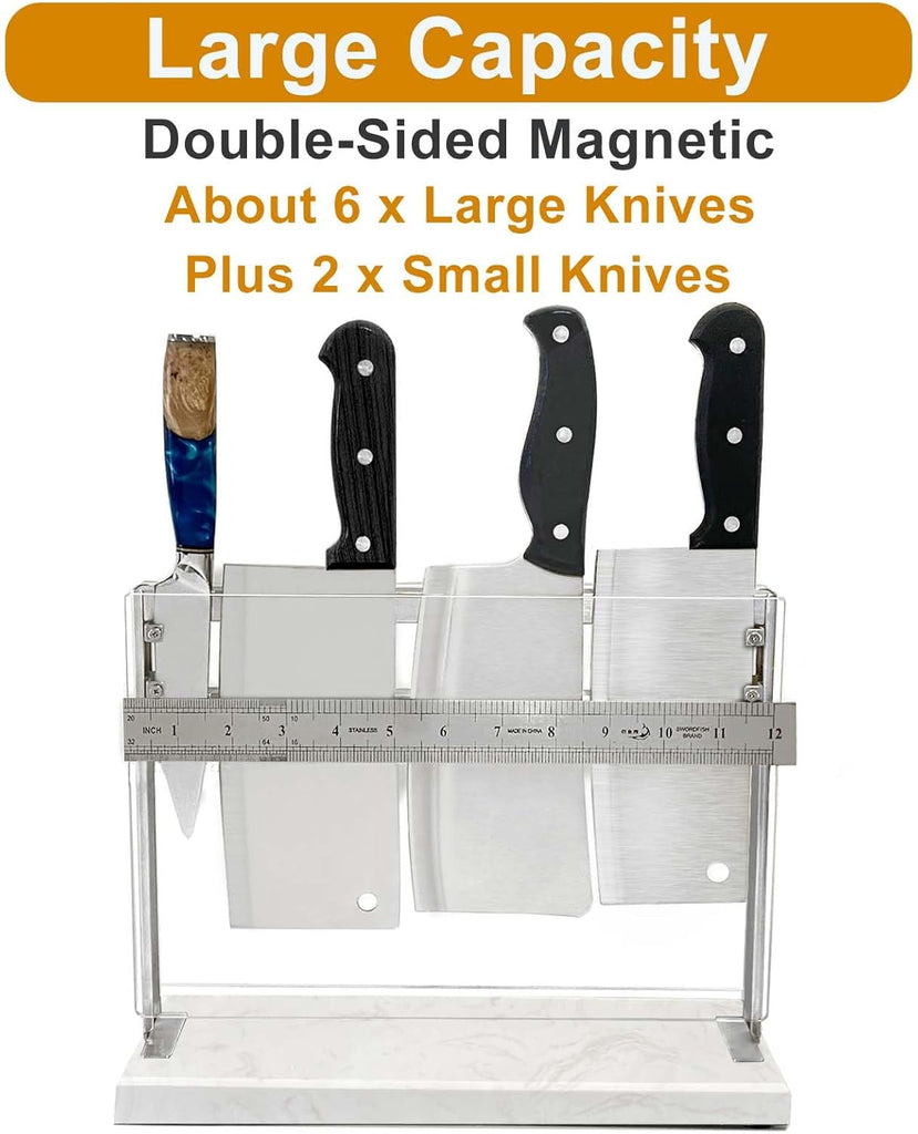 Acrylic Shield Magnetic Knife Block Holder - Marble Base Magnetic Knife Stand for Counter Top -Double Sided Magnetic