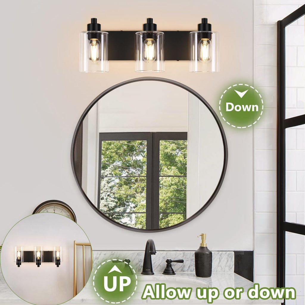 Bathroom Light Fixtures,Matte Black 3-Light Bathroom Lights Over Mirror with Clear Glass Shade,Wall Sconces Living