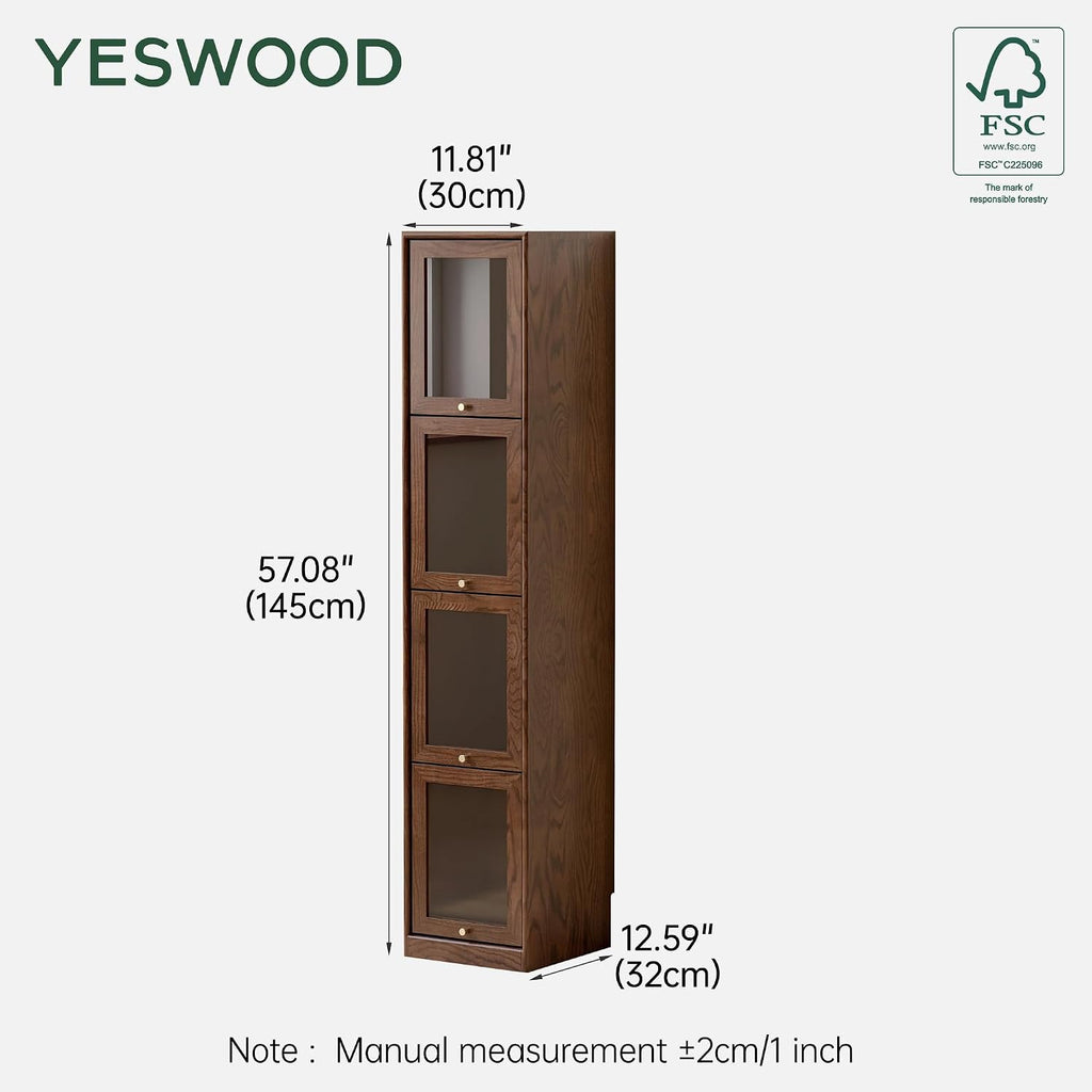Solid Oak Narrow Wood Bookcase, 4 Tier Skinny Storage Cabinet with Tempered Glass Flip-Up Doors, Slim 4 Cubes Display