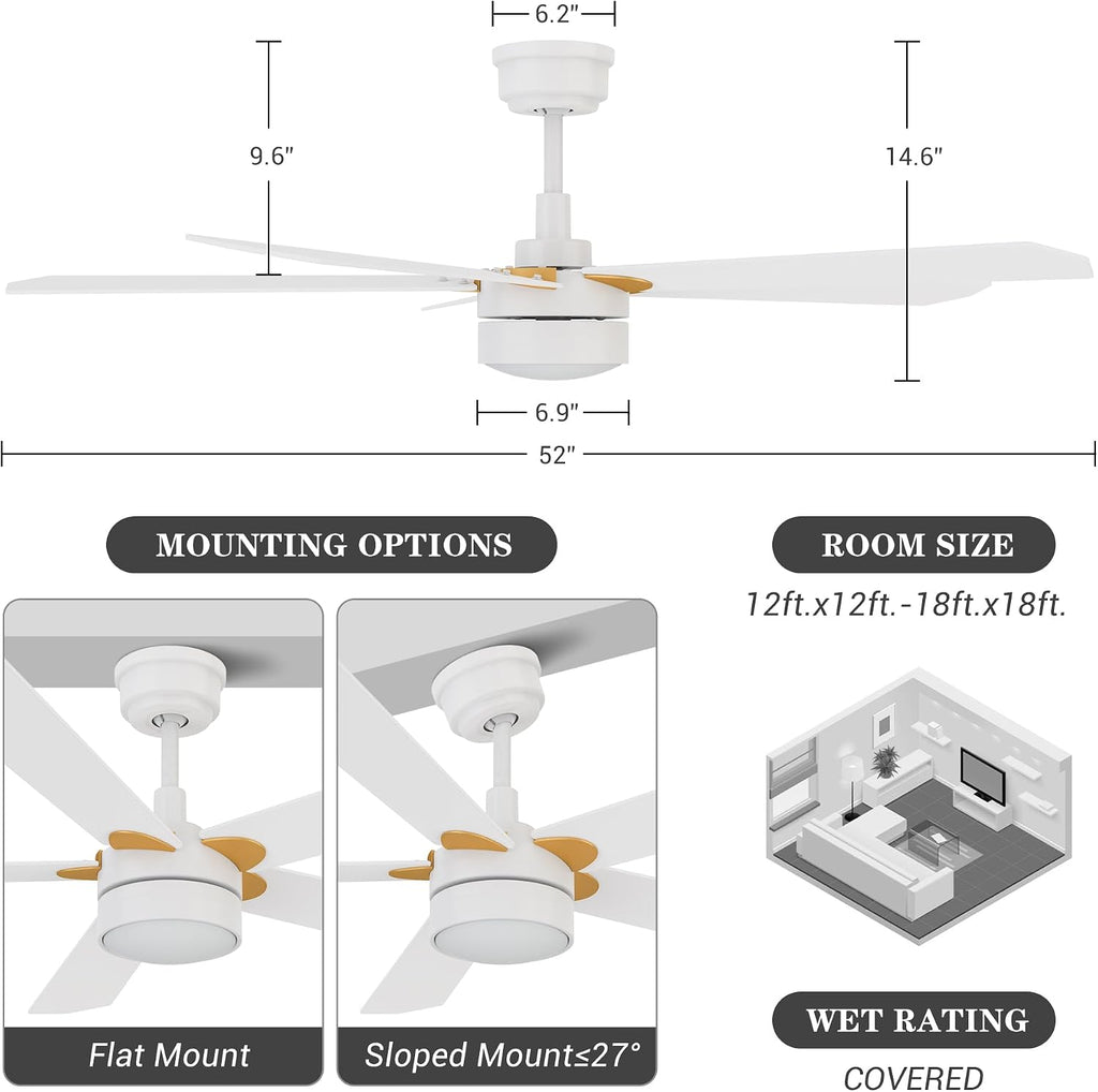 Smart Ceiling Fans with Lights Remote Control, 52inch Modern Wifi Ceiling Fan with Dimmable LED Light Outdoor