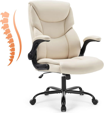 Office Executive Chair - Heavy Duty High Back Home Desk Chair with Flip-up Armrest, PU Leather, Height Adjustable & Swivel Rolling with Wheels, Beige