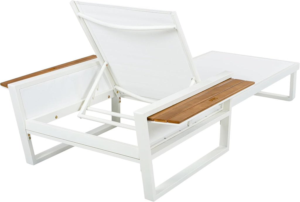 Acacia Wood Chaise Lounge Chair Outdoor with Foldable Armrests, Adjustable Backrest Sun Lounger Recliner