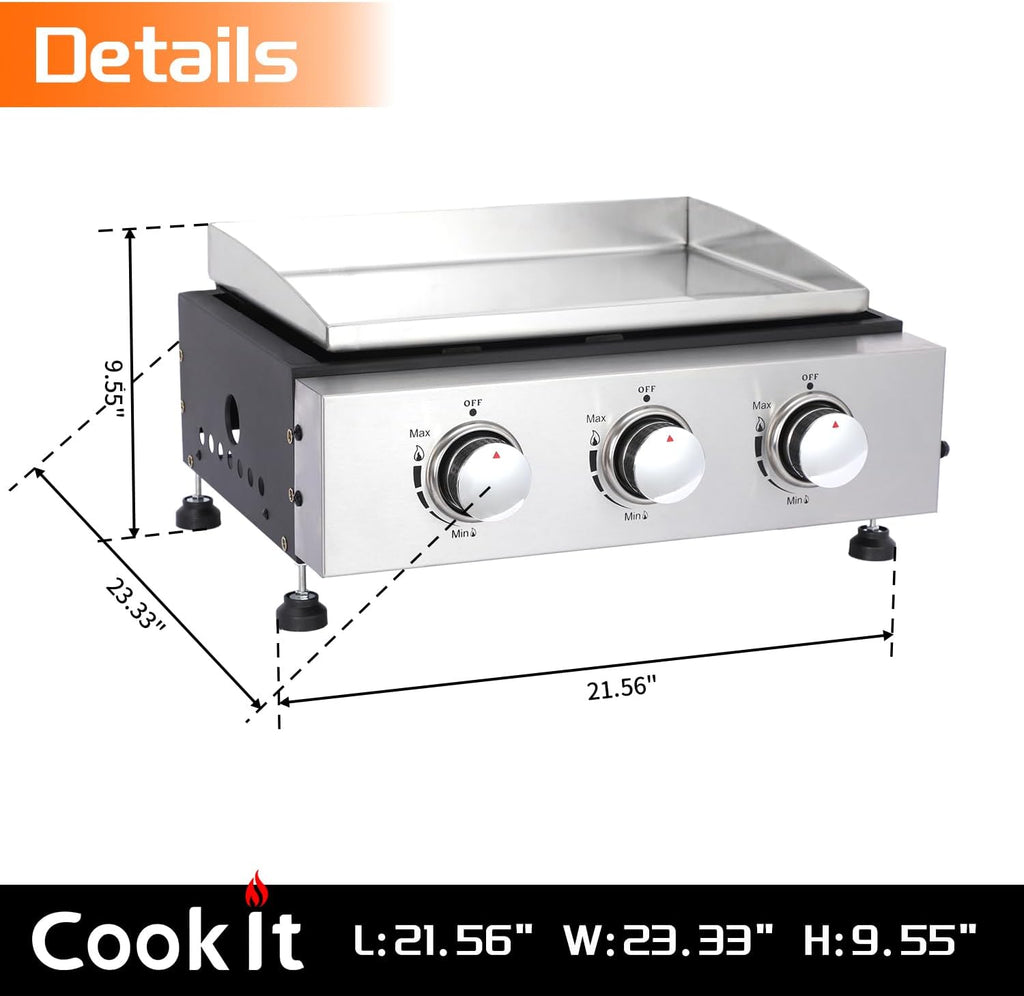 3-Burner Portable Tabletop Propane Gas Griddle, Stainless Steel Cooking Surface with Protective Cover and Regulator for Camping, Tailgating, and Outdoor Cooking
