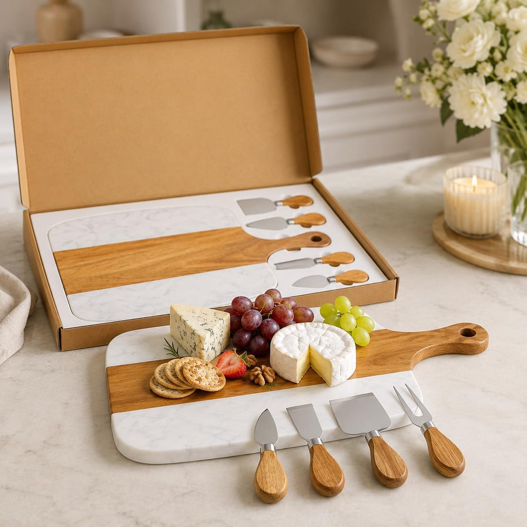 Marble Cheese Board Set - 10 Pack Wood Charcuterie Platter with Knives
