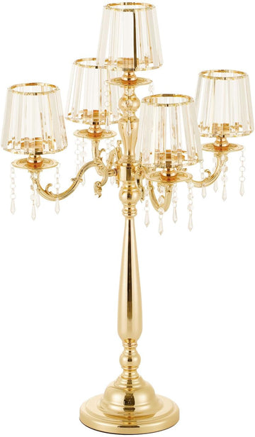 5 Arms Crystal Candelabra Centerpieces for Tables, Gold Floor Candle Holder with Glass Shade Pendants, 33 inch Tall