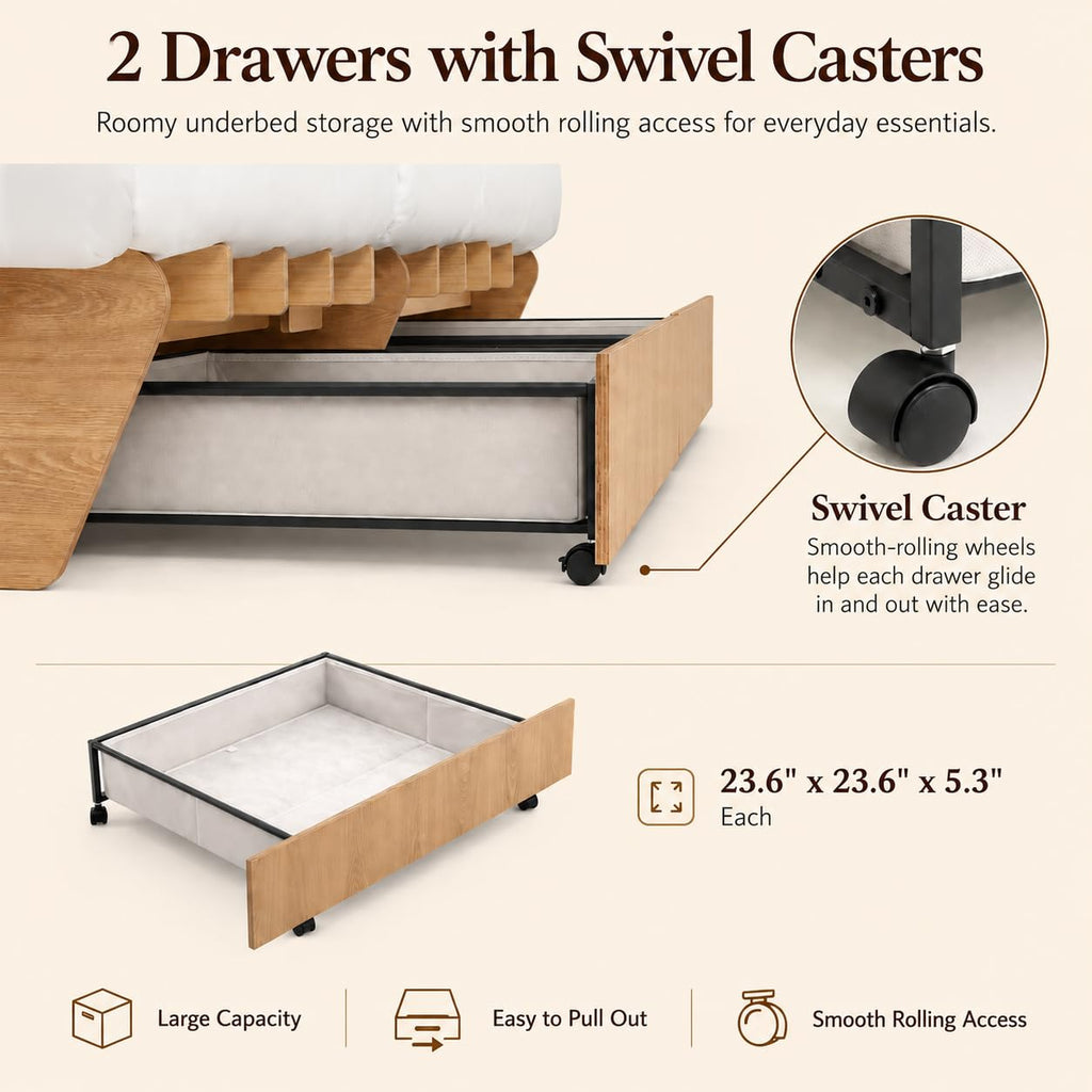 Queen Japanese Bed Frame with Storage, Wood Platform Bed Frame