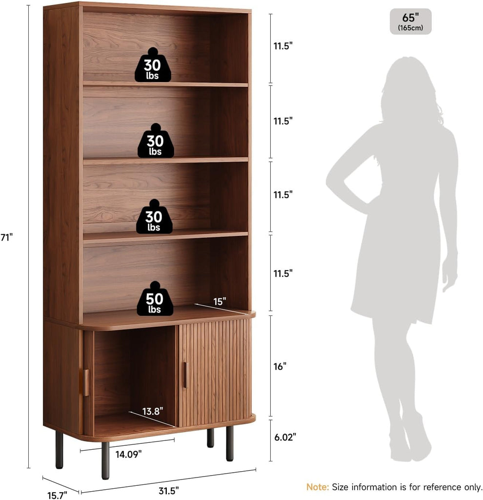 71" Tall Bookshelf, 4-Tier Bookcase with Storage Cabinet & Adjustable Storage Shelf