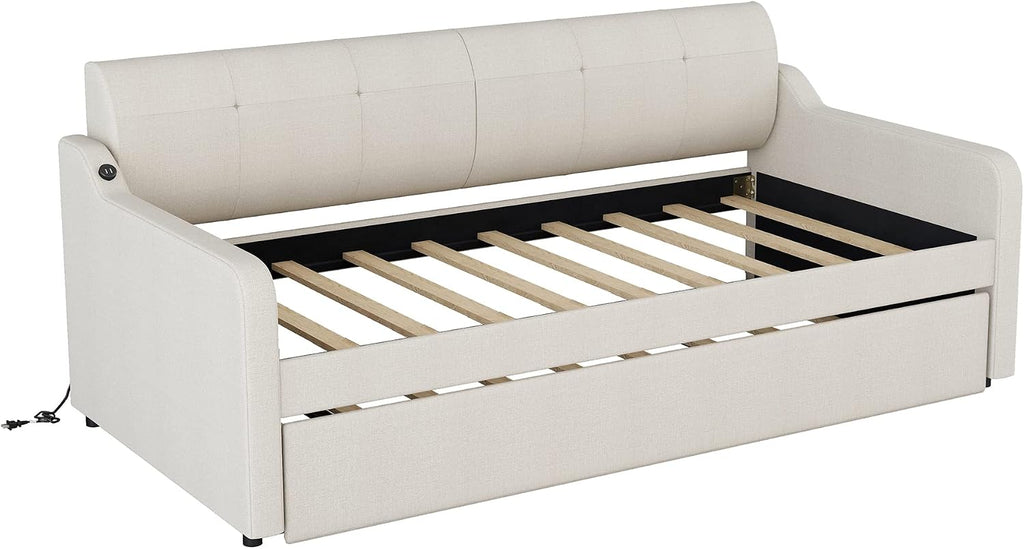 Twin Size Upholstered Daybed with Trundle and USB Charging Port, Pop-Up Trundle Flat or Elevated, Woven Fabric Day