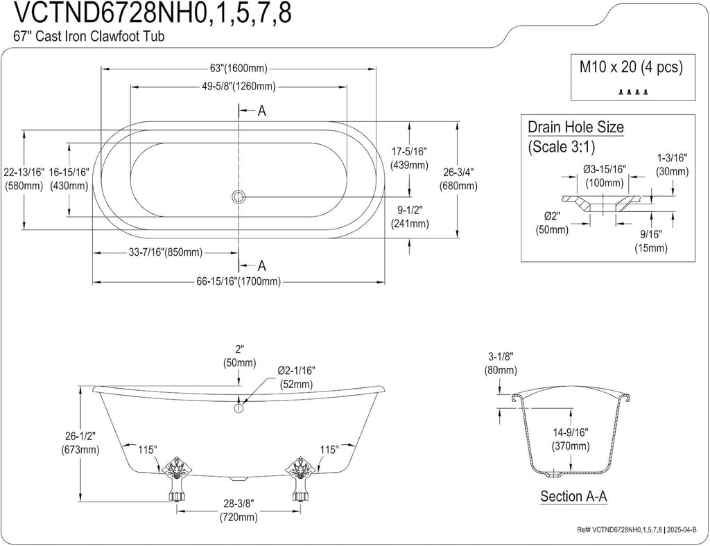 Aqua Eden VCTND6728NH1 Cast Iron Double Slipper Clawfoot Bathtub Chrome Feet without Drillings, 67-Inch, White
