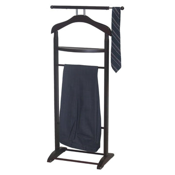 Wooden Suit Valet Stand with Hanger Trouser Bar Storage Tray Elegant Wardrobe Organizer for Men Bedroom Office