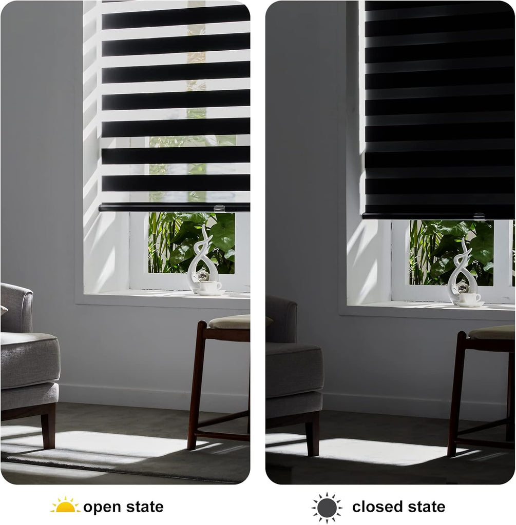 Cordless Zebra Blinds for Windows (34" W X 64" H, Black) Free-Stop Windows Shades Dual Layer Light Control for Day