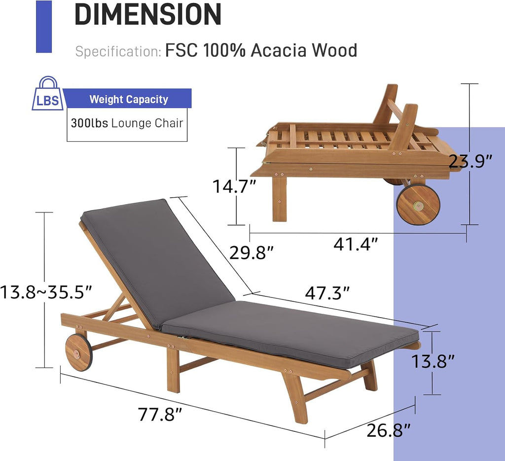 Patio Acacia Wood Chaise Lounge Chair of 2,Pool Chair, Dark Grey | Foldable Lounge Chair Recliner with Adjustable