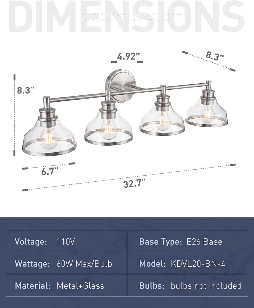 4-Light Brushed Nickel Vanity Light, Clear Glass Shade | 33" bathroom light fixtures over mirror, upward or downward