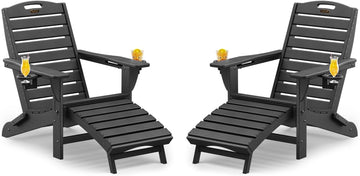 Folding Adirondack Chair with Retractable Ottoman Weather Resistant Fire Pit Chair Patio Chair with 2 Cup Holder Lawn