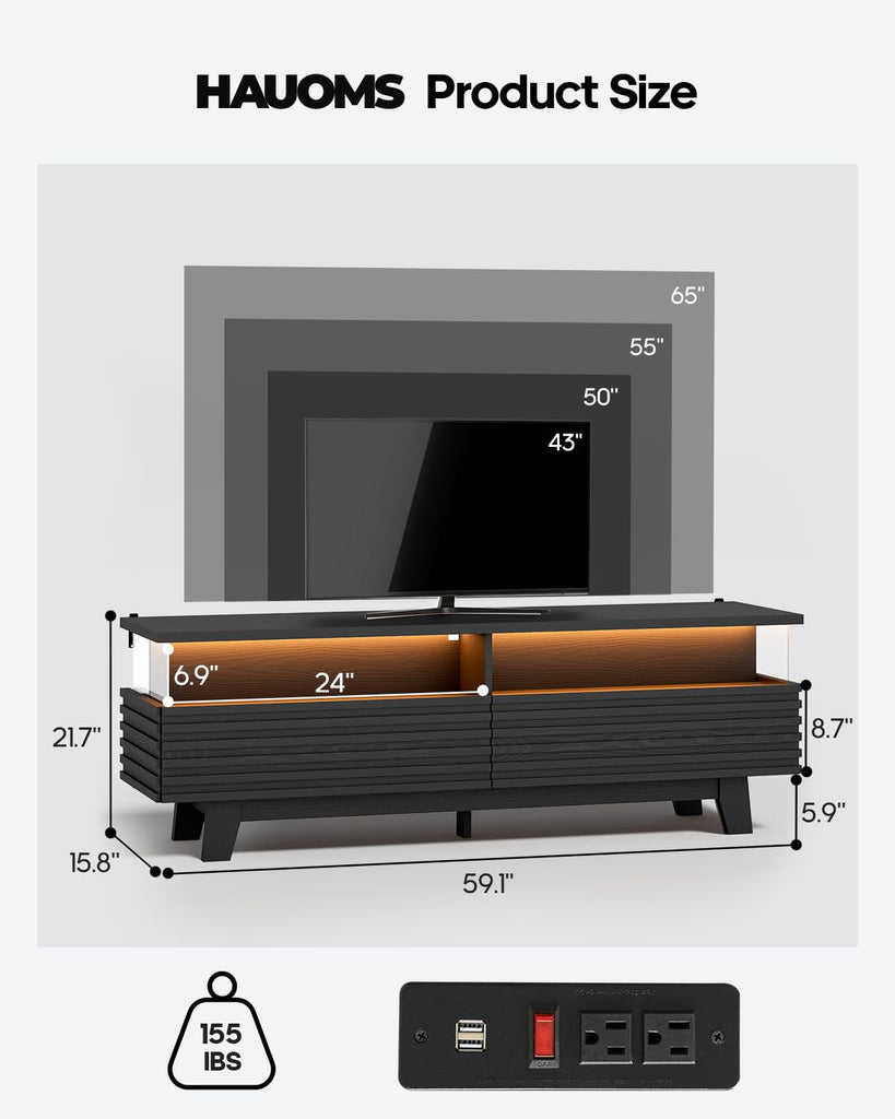 TV Stand with Cable Management, LED, Power Station (Black, 59")