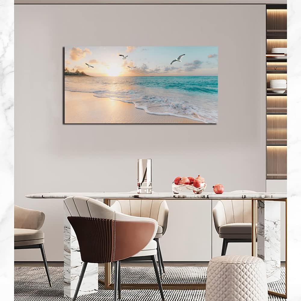 Beach Wall Art Decor Ocean Canvas Picture for Wall Gold Sunset Painting Blue Seascape Theme Art Print Home Office