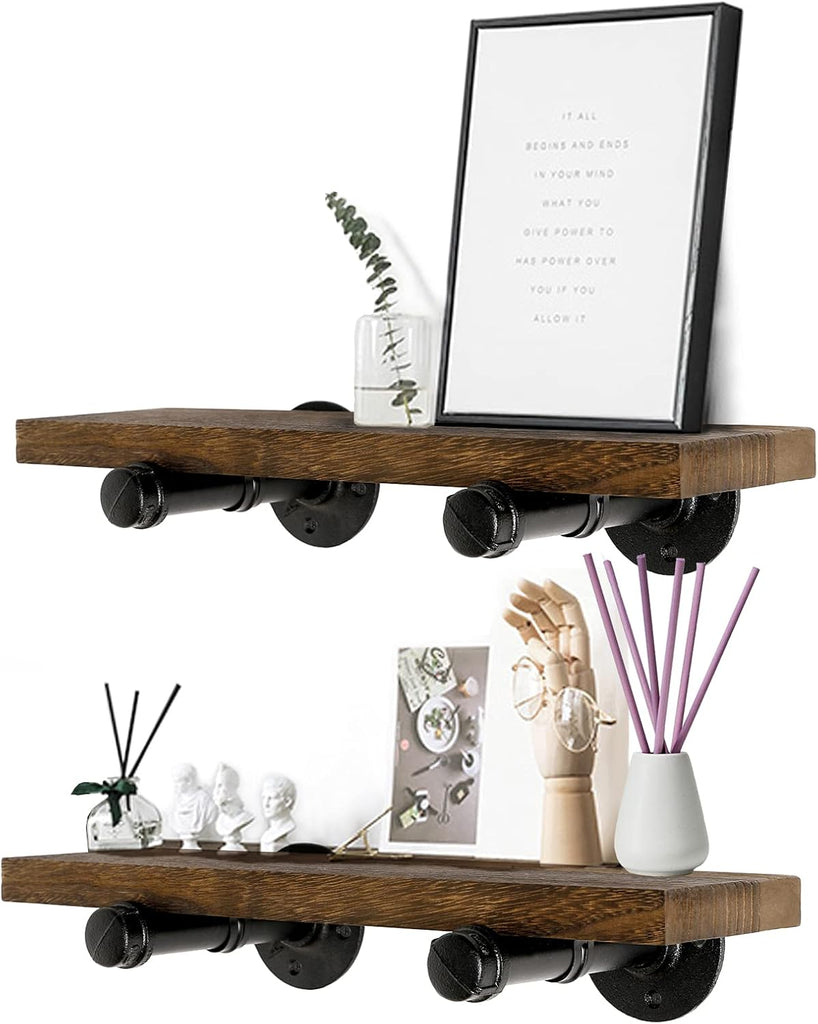 Wall Mounted Floating Shelves, Floating Shelves with Industrial Pipe Brackets Set of 2 Rustic Wood Storage Shelf