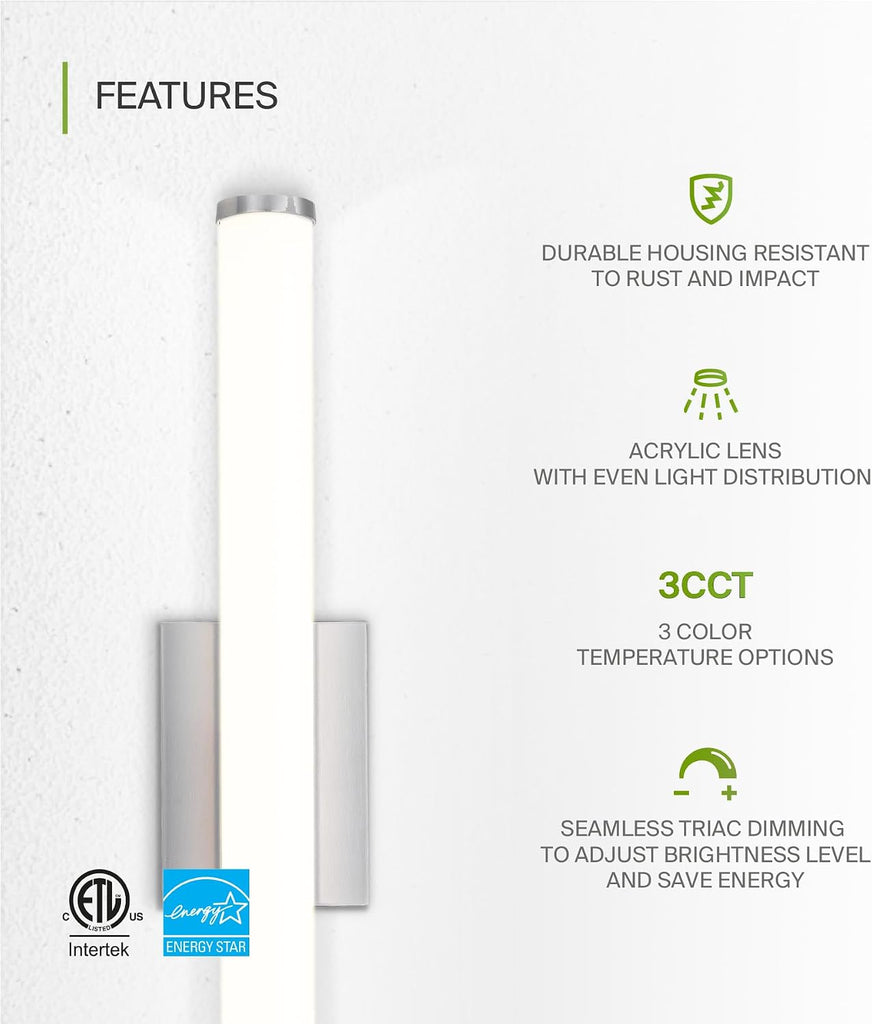24" LED Linear Vanity Light Fixture, Modern Bathroom Sconce - 3 Color 3000K-5000K, Dimmable, 25W 1750LM, Energy Star
