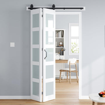 Bifold Barn Door 48x84 Inch (Double 24x84), White Frosted Glass Bifolding Doors with 52" Hardware Kit Included, Closet
