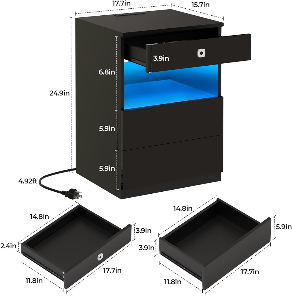 Smart Nightstand with Fingerprint Lock Drawer, Modern LED Nightstand with Charging Station, Bedside Table with Hidden