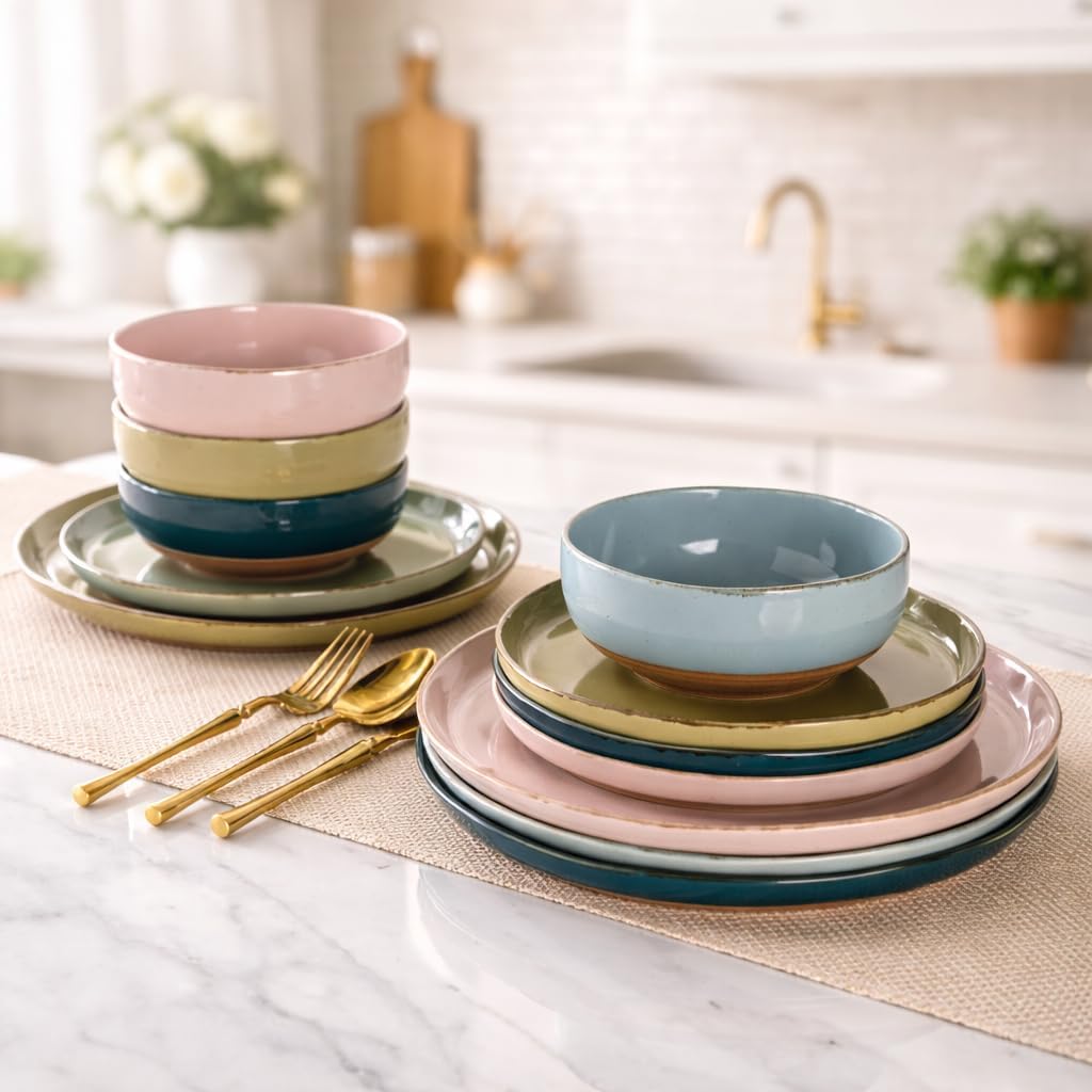 Ceramic Dinnerware Sets for 4, 12 Pieces Handpainted Plates and Bowls Set with Rustic Terracotta Underside