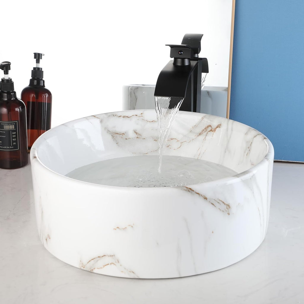 Bathroom Vessel Sink With Black Faucet And Drain White Marble Ceramic Vessel Sink 16 inch Round Vessel Sink Above