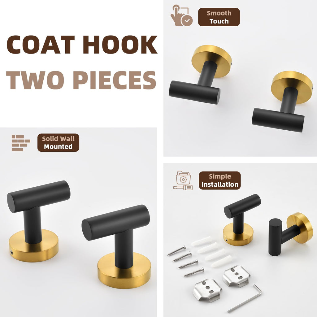 Black Gold Robe Towel Hooks, 2 Pack, Rustproof 304 Stainless Steel