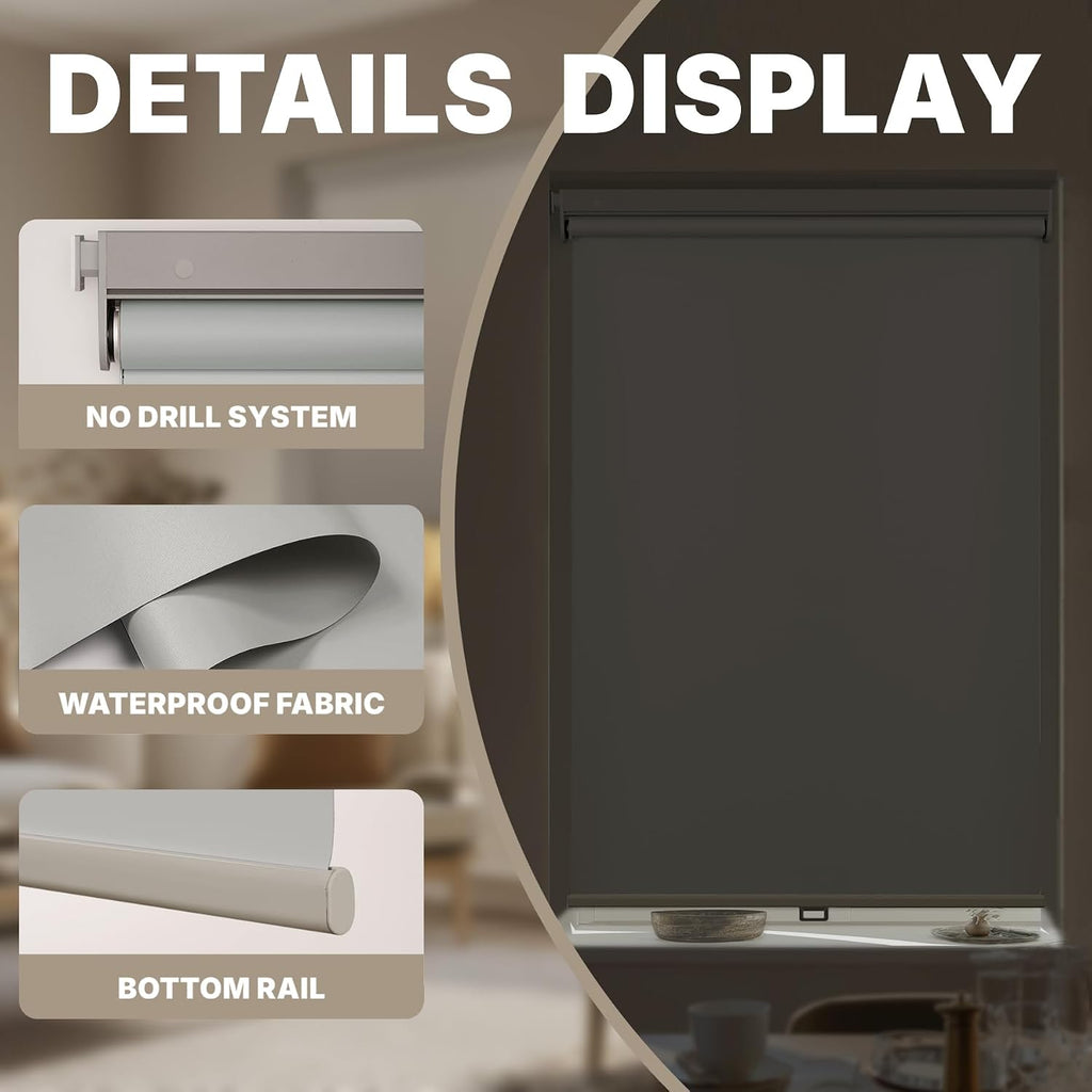 No Drill Cordless Blackout Roller Shades Screwless Waterproof Shower Window Blinds, Auto-Retraction Easy Install