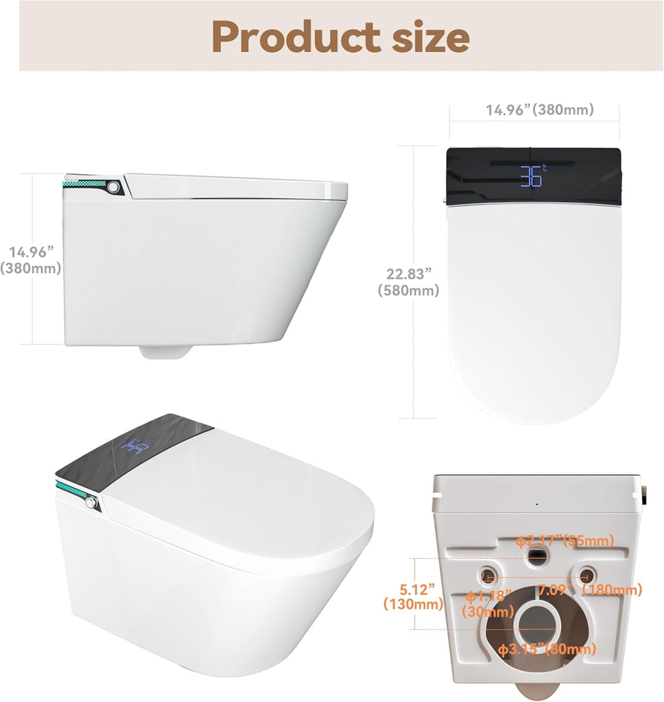 Wall-Mounted Smart One-Piece Toilet with Built-In Bidet, Heated Seat, Warm Air Dryer, Auto Flush, Auto Open and Close, Remote Control, Night Light