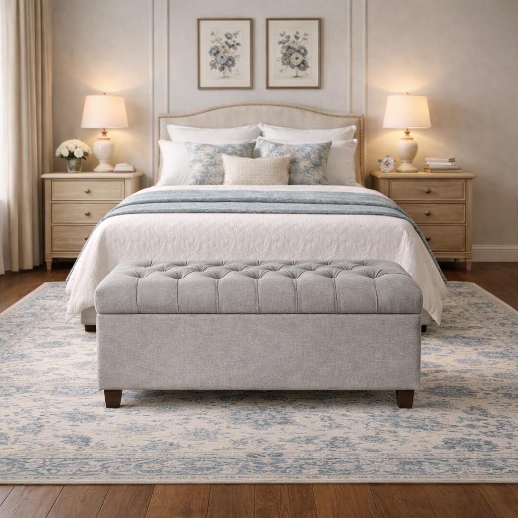 Home Decor | Tufted Ainsley Button Storage Ottoman Bench with Hinged Lid | Ottoman Bench with Storage , Grey