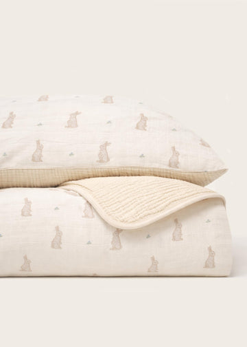 Bunny Crib Bedding Set, 5-Layer Organic Cotton Muslin Crib Quilt & Sham, Bunny Rabbit Nursery, Toddler Comforter