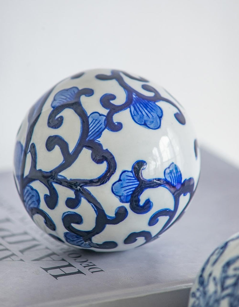Set of 6 Porcelain Decorative Spheres - Handcrafted Blue and White Floral Orbs Decor, Tabletop Accent, Shelf Display