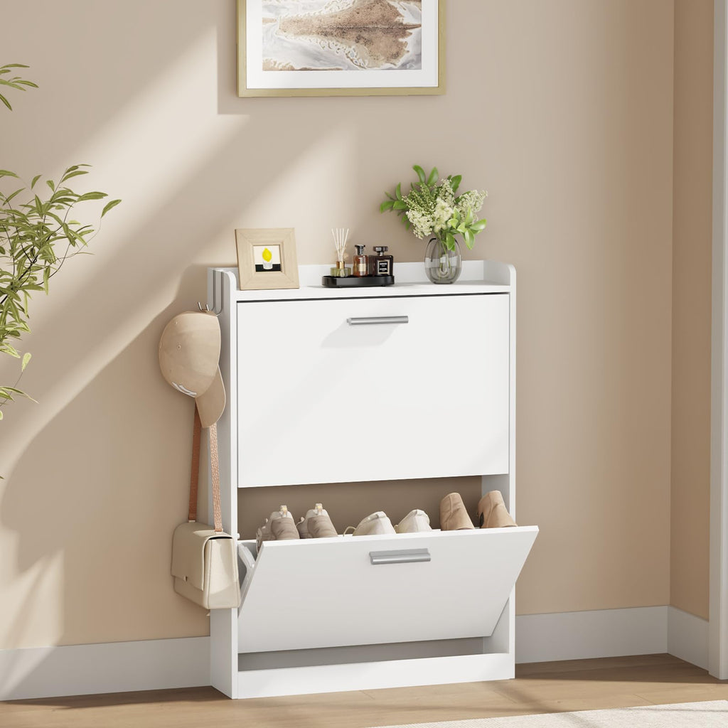 Slim Shoe Cabinet with 2 Flip Drawers, 23.6" W White