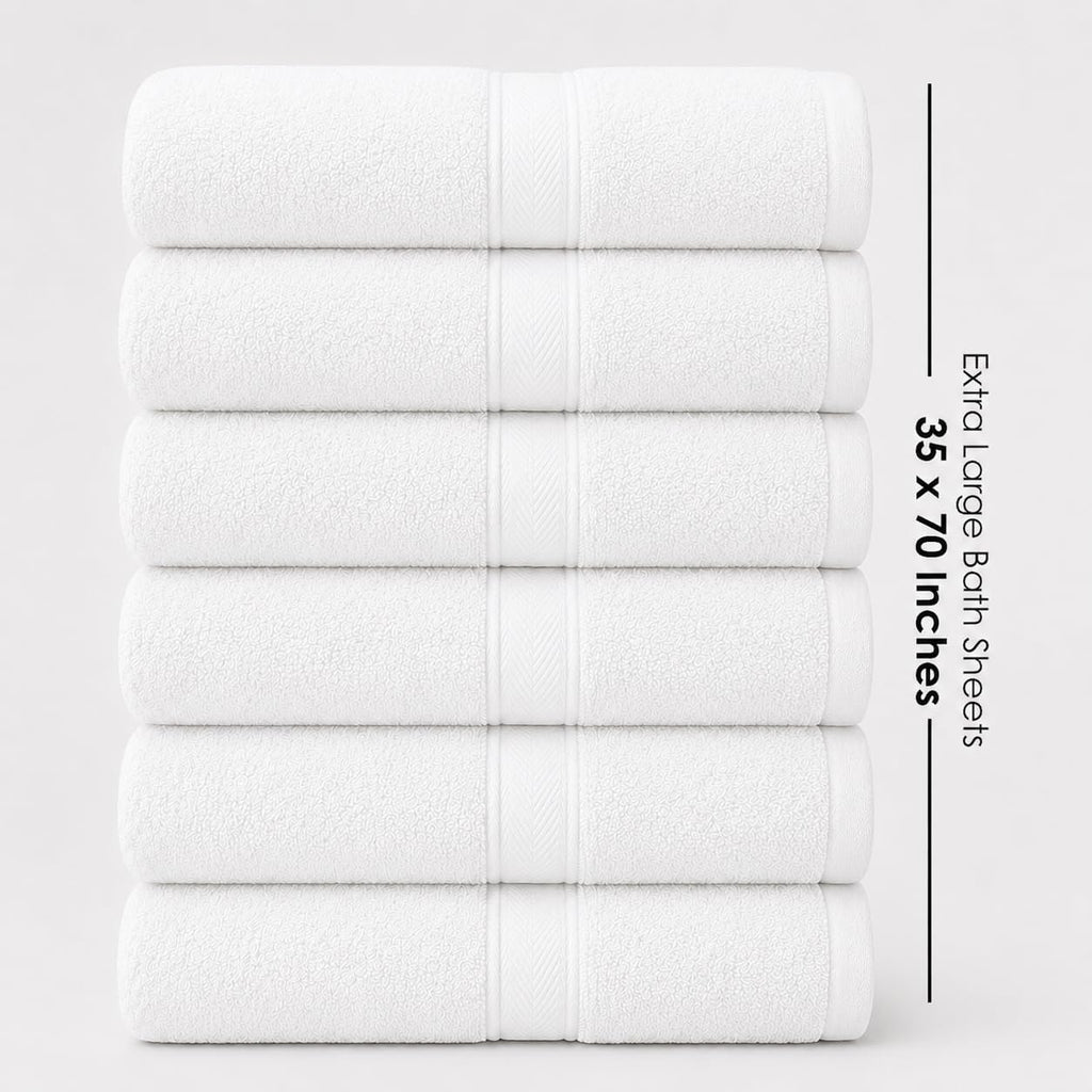 Terry Bath Sheet Set of 6 White Bath Towels Set 35x70 Inches, 100 Combed Long Staple Cotton 600 GSM Highly Absorbent