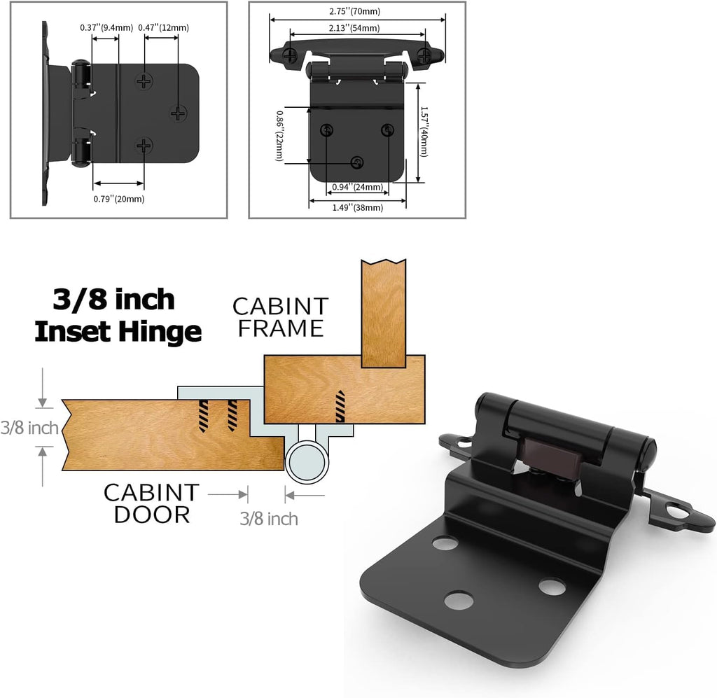 3/8 Inch Inset Cabinet Hinges, 25 Pairs(50 Pack) Self Closing Flush Face Mount Hinges with Door Bumper, Variable