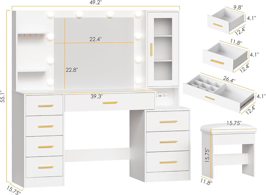 49.2" Large Vanity Desk with Mirror and Lights, Glass Top Vanity | White Makeup Vanity Desk with 8 Drawers, Power
