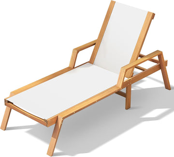 Wood Chaise Lounge Chair Outdoor, Patio Sun Lounger with Adjustable Back, Acacia Wood Lounge Chair with Breathable