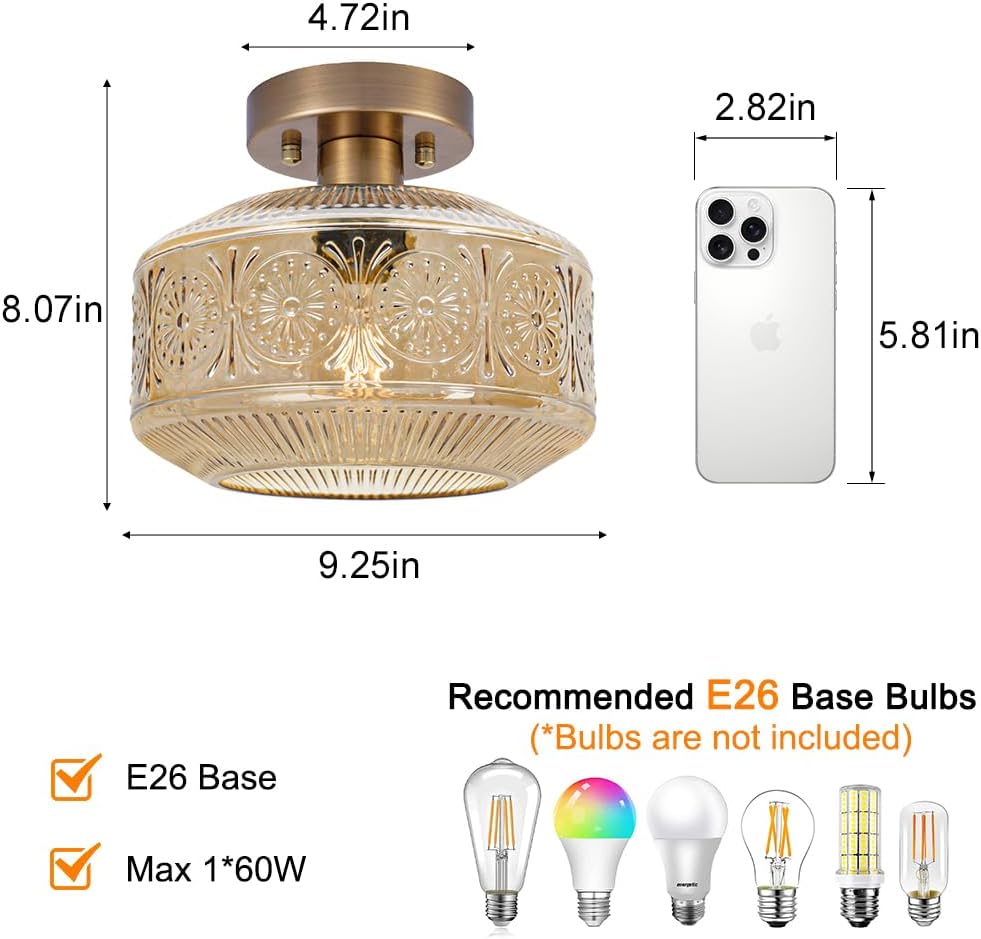 Semi Flush Mount Ceiling Light, Vintage Small Ceiling Light Fixture, Thickened Glass Hallway Lighting Fixture, Brass