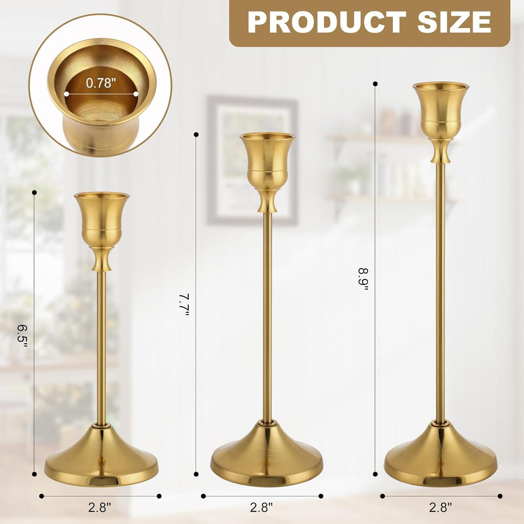 Candlestick Holders 4 Sets(12 Pcs), Brass Gold Candle Holders with Anti-Slip Pad, Metal Taper Candle Holder, Candle