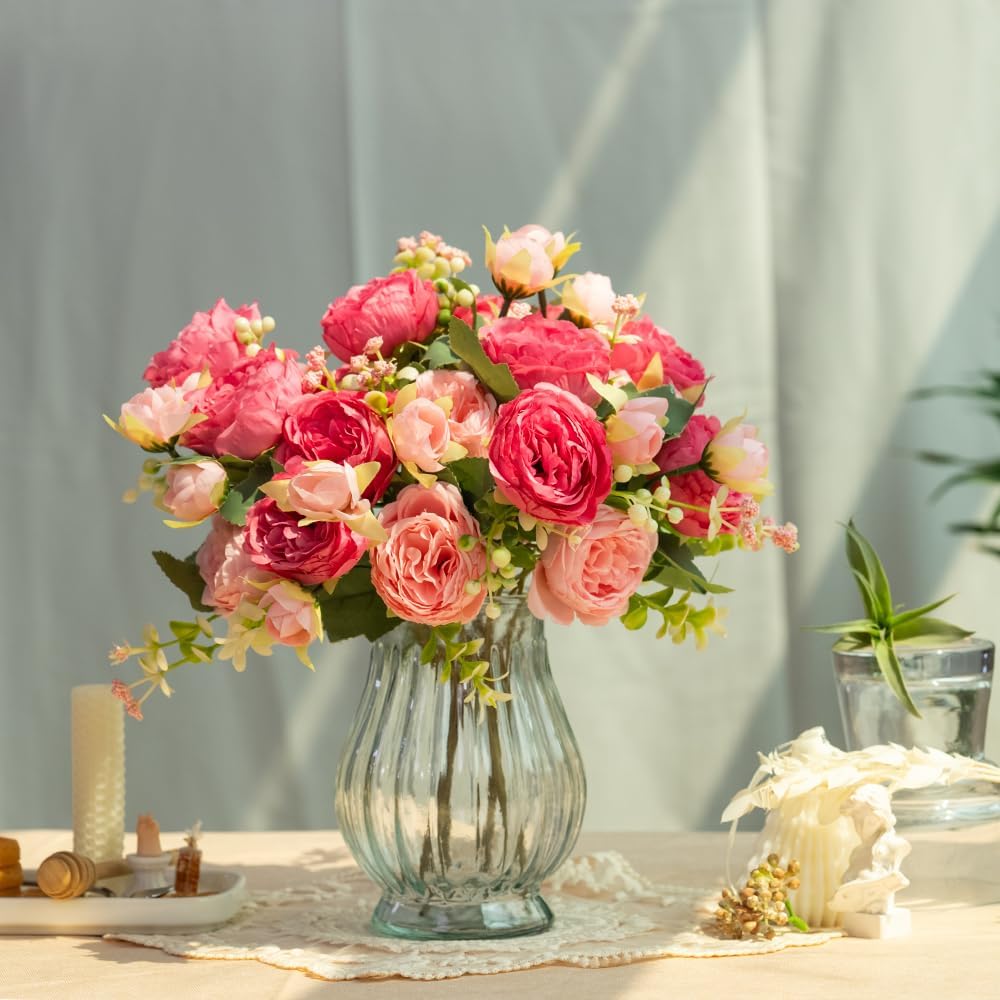 Artificial Peonies Silk Flowers in Glass Vase Faux Flowers Bouquets Modern Penoy Arrangement 4 Pack Decoration Table