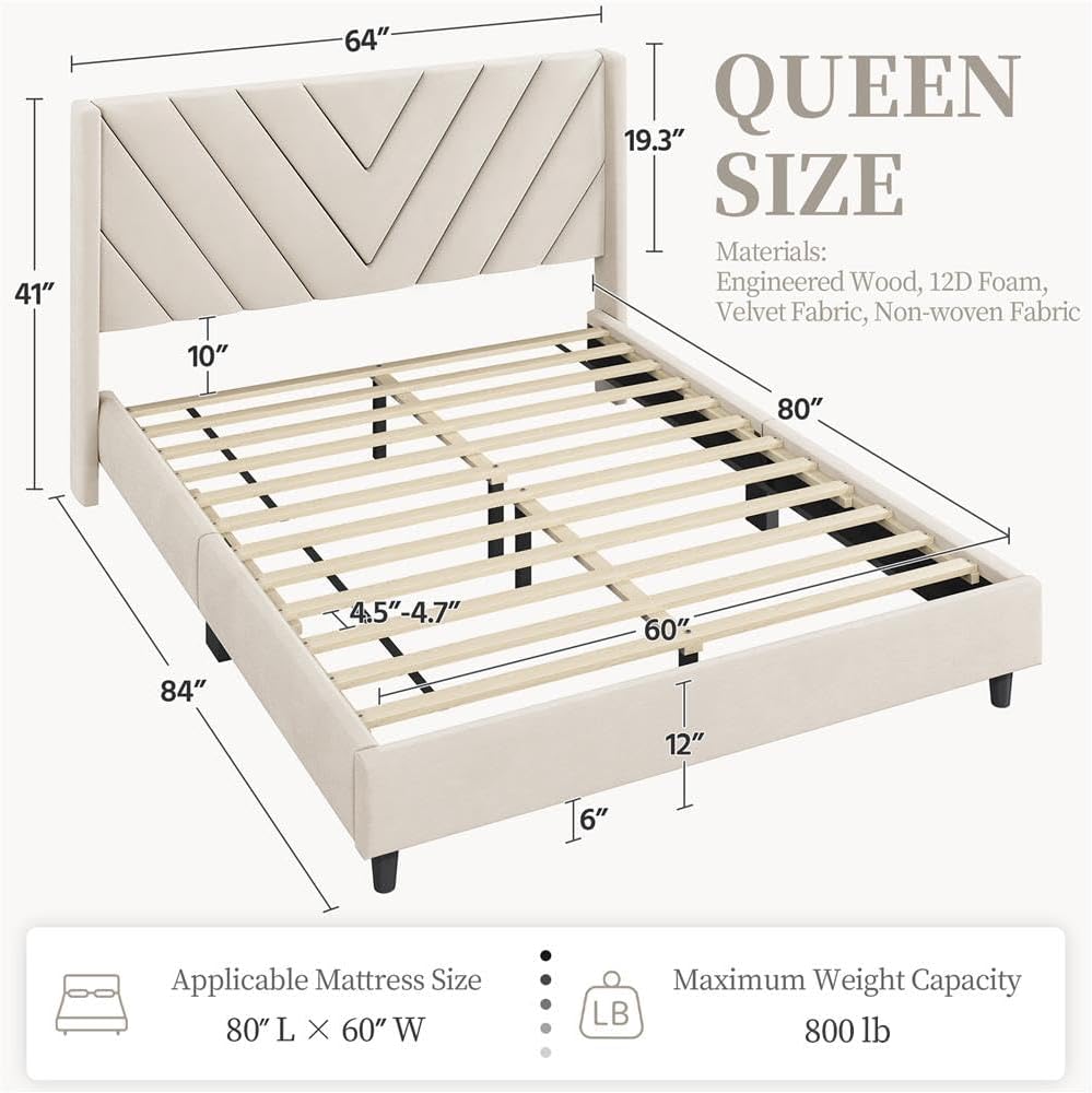 Queen Bed Frame Upholstered Platform Bed with Wing Side/Wooden Slat Support/Tufted Headboard with Wing Side/Mattress