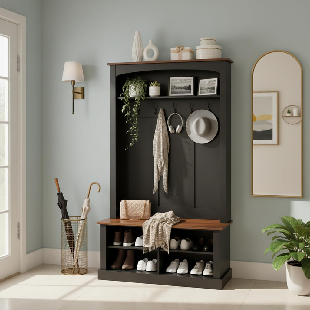 40.2" Wide Farmhouse Hall Tree with Bench, Entryway Coat Rack & Shoe Storage Cabinet with 5 Hooks, 71" Tall Mudroom